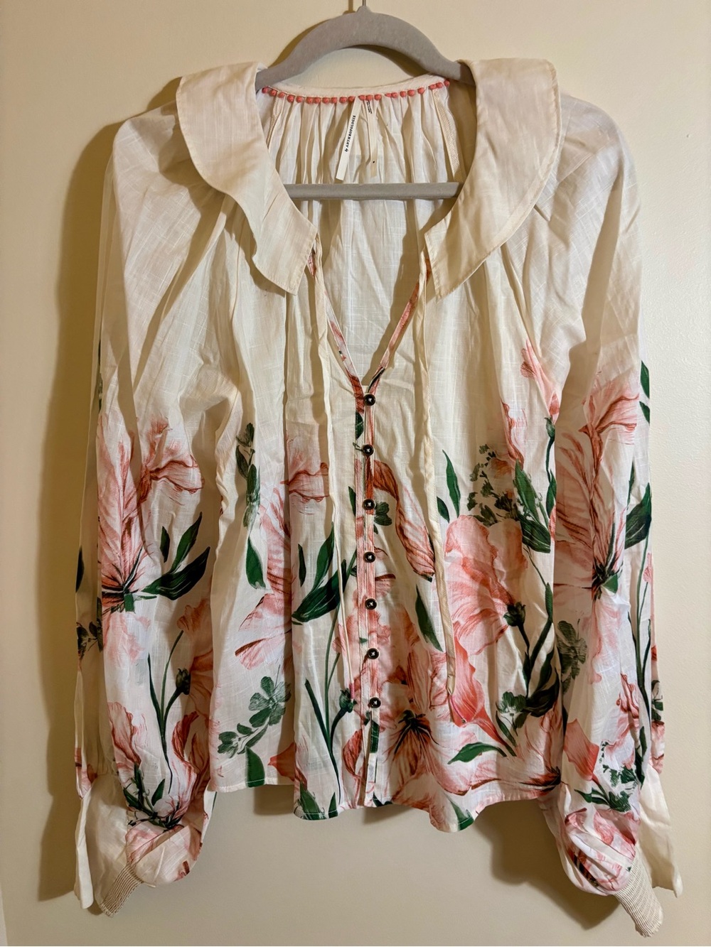 By Anthropologie Floral Button-Front Peasant Blouse Cream Pink Floral size Med
